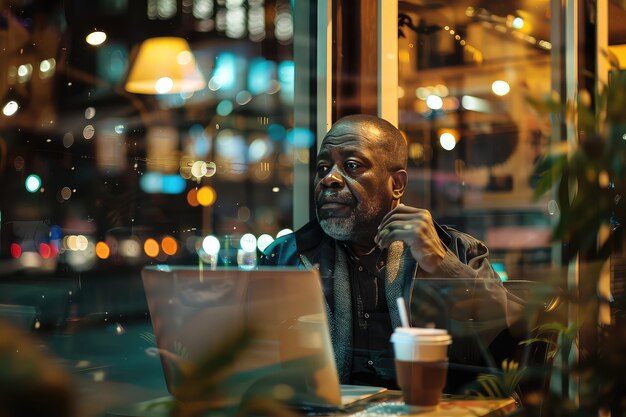 Serio hombre afroamericano de mediana edad trabajando con una computadora portátil en una cafetería