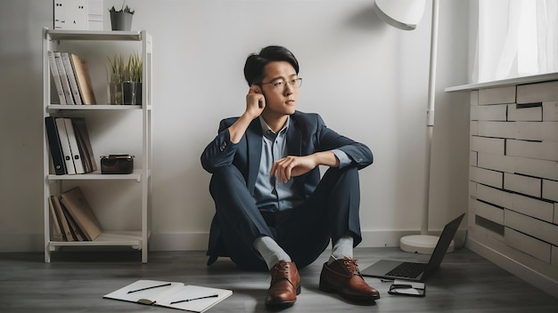 Foto serio homem asiático empresário milenar pensando cogitando sobre questões de negócios frustrado bori