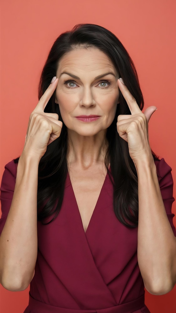 Foto sério mulher bonita olha com confiança mantém o dedo nas tempas levanta a sobrancelha tem longo da