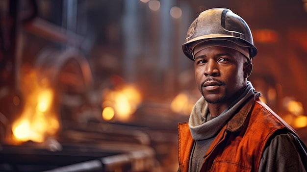 Serio y seguro retrato de trabajador siderúrgico afroamericano solo en Steel Mill ambicioso