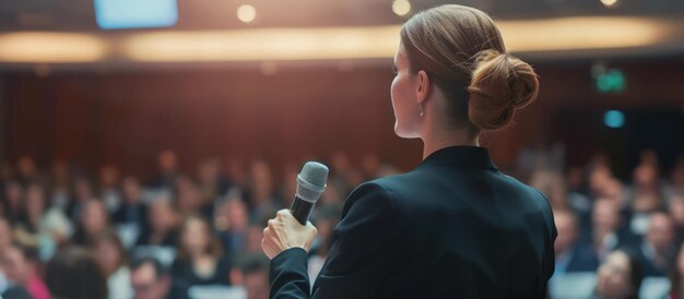 Sério, uma mulher oradora em uma conferência de negócios de treinamento de aprendizagem no salão gerada por IA