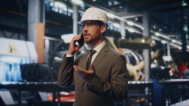 Seriöser Fabrikbesitzer ruft ein Smartphone bei der Produktion in einem Helm aus der Nähe an