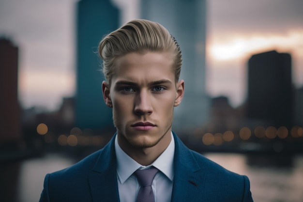 Seriöser Geschäftsmann mit blonden Haaren in blauem Anzug und weißem Hemd