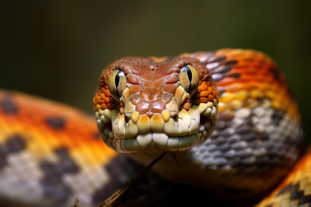 Serpente colorida, pitão, cobra, víbora, floresta escondida, à espera de presa, floresta tropical, selva, natureza intocada.