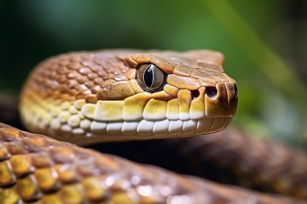 Serpente colorida, pitão, cobra, víbora, floresta escondida, à espera de presa, floresta tropical, selva, natureza intocada.