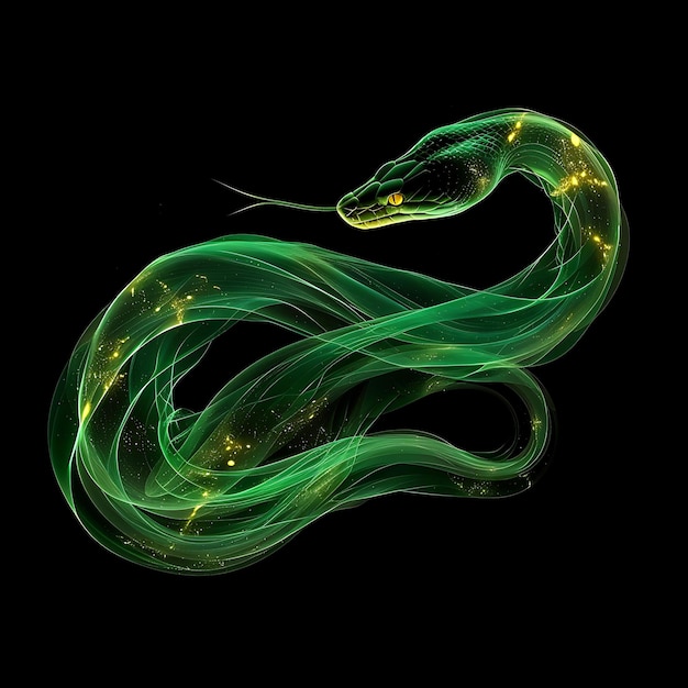 Serpente formada em veneno giratório Líquido verde opaco com fundo dourado Arte conceito brilhante Y2K