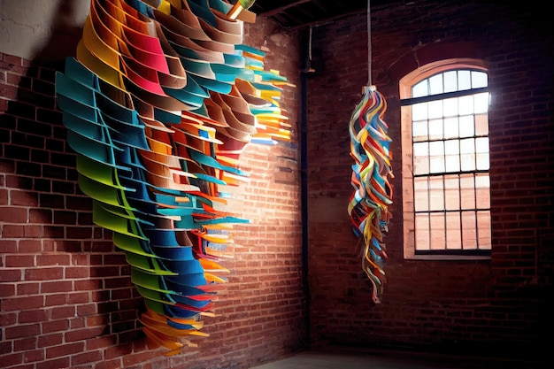 Serpentina de papel colgando de una pared de ladrillos en un entorno industrial creado con IA generativa