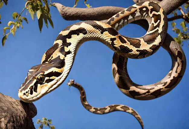 Foto una serpiente está acurrucada en un árbol con un cielo azul en el fondo