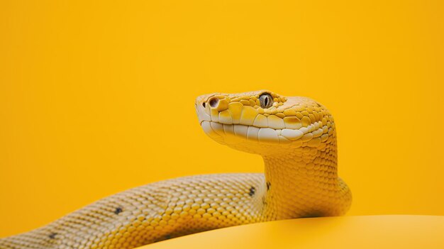 Una serpiente amarilla vibrante en un fondo amarillo a juego presenta un minimalismo o exotismo Esto podría ser ideal para contenido educativo comercio de mascotas exóticas o como una declaración visual audaz en el diseño