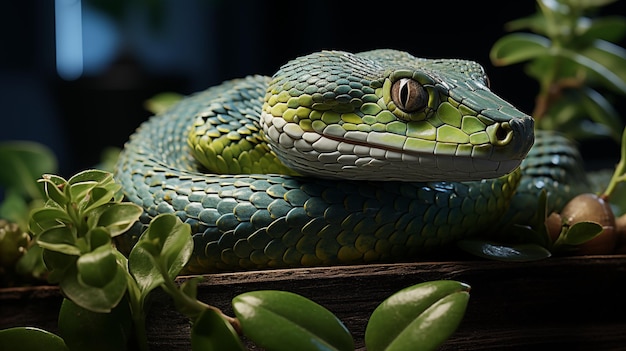 La serpiente del árbol verde está enrollada en una bola mirando al medio de las hojas verdes