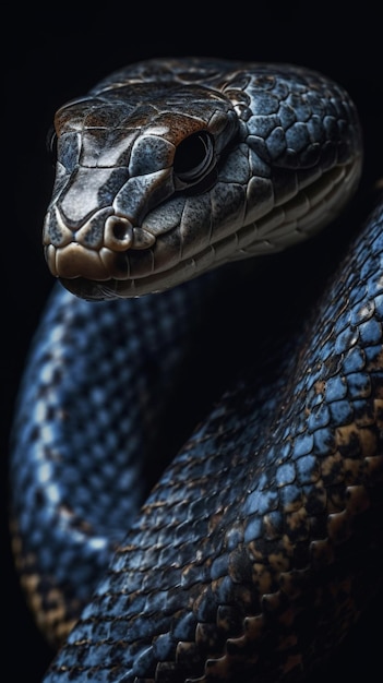 Una serpiente azul con un fondo negro