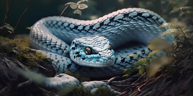 Una serpiente azul con un ojo morado se sienta en una rama.