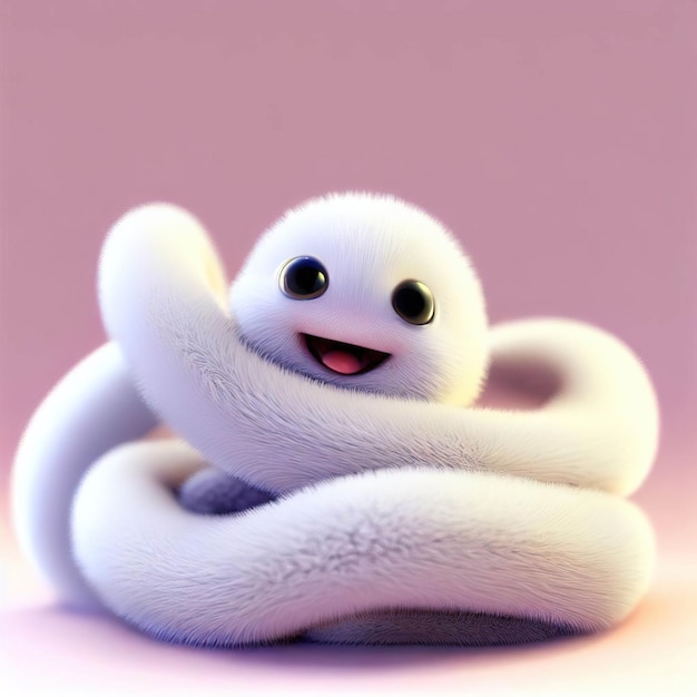 Una serpiente blanca con una cara sonriente está sobre un fondo rosa.