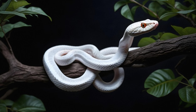 Foto una serpiente blanca o albino en espiral en una rama de un árbol con un fondo negro