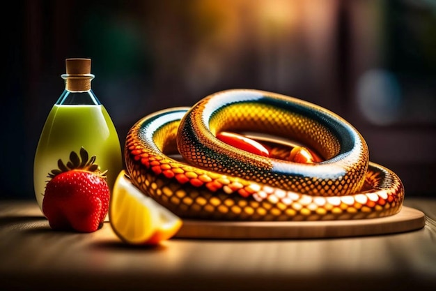 Una serpiente y una botella de jugo de fresa.