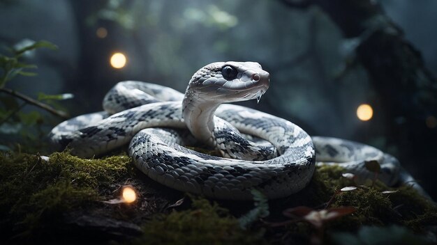 Foto una serpiente con cabeza blanca y ojos negros está sentada en una rama