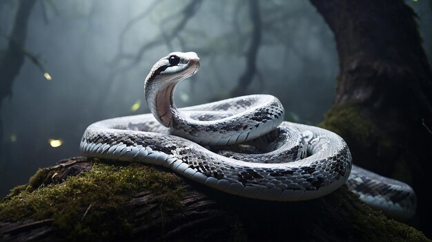 Foto una serpiente con una cabeza negra y una cabeza blanca está acostada en un tronco