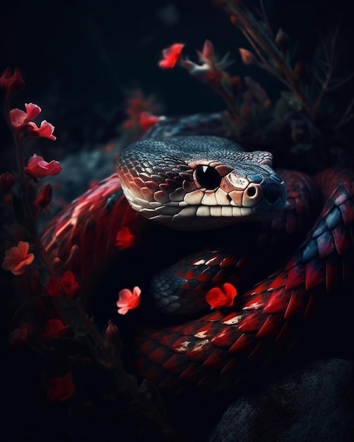 Una serpiente con una cabeza roja y una cabeza negra que tiene una cara blanca y una cabeza roja que dice 'serpiente' en ella