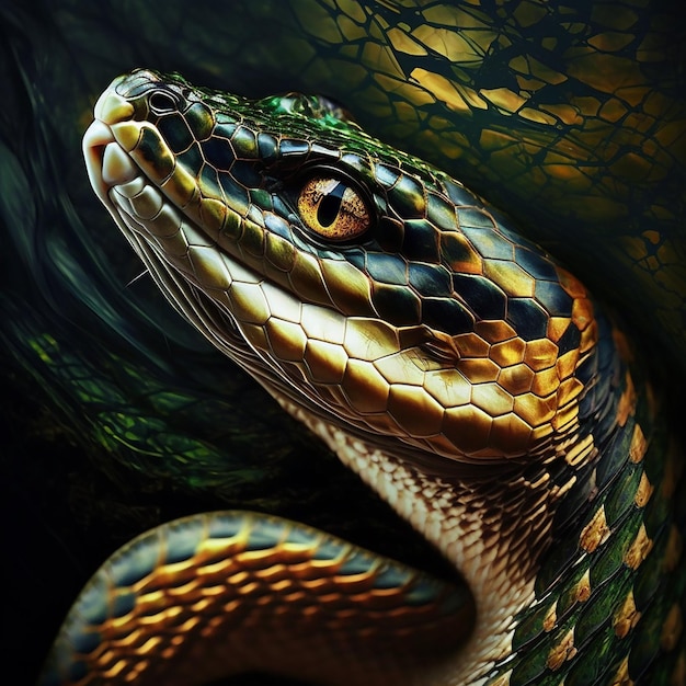 Foto una serpiente con la cabeza verde y un anillo de oro alrededor del cuello.