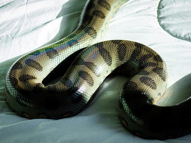 Foto una serpiente en una cama con la palabra serpiente en ella