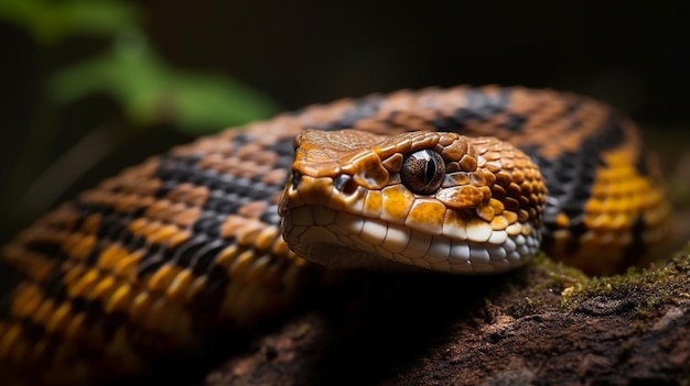 Una serpiente con cara negra y amarilla se sienta sobre una roca.