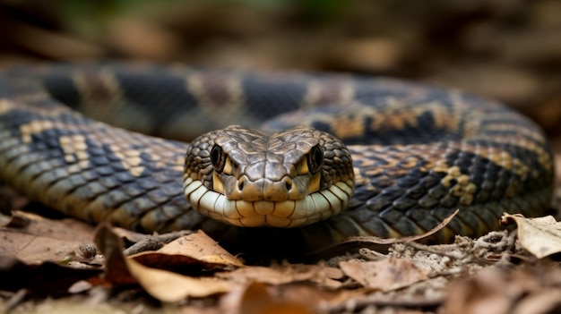 Una serpiente con la cara negra se sienta en el suelo.