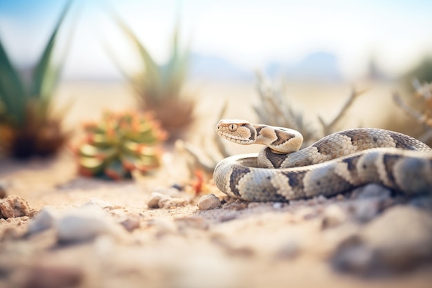 Foto serpiente de cascabel a la sombra de la flora del desierto