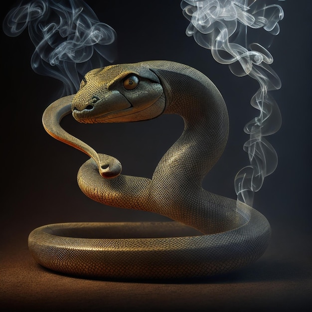 Una serpiente con una cola larga se sienta en una mesa.