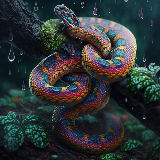 Una serpiente colorida con una cola verde y azul se sienta en una rama de árbol bajo la lluvia.