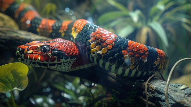 Una serpiente colorida de coral de Texas en el árbol en la selva generada por la IA