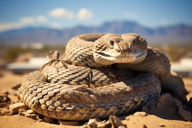 una serpiente con una cordillera en el fondo