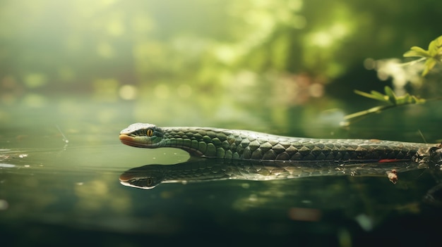 Una serpiente se desliza sobre la superficie del agua en medio de una exuberante vegetación en un entorno tranquilo