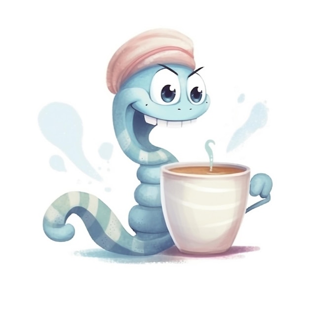 Una serpiente de dibujos animados con una taza de café.