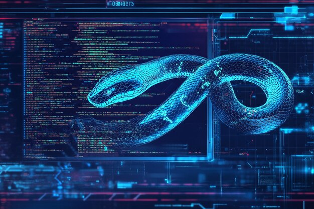 La serpiente digital envuelve el código en una pantalla de computadora un concepto futurista de ciberseguridad