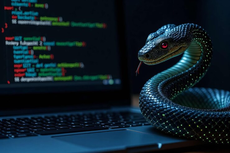 Foto la serpiente digital se esconde cerca del código de la computadora portátil