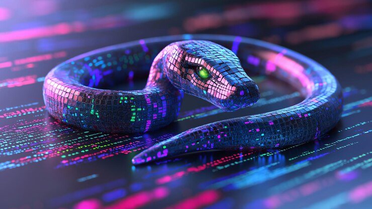 Foto una serpiente digital hecha de píxeles se desliza a través de un fondo de código brillante