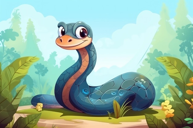 Serpiente divertida en la naturaleza salvaje Ilustración animal de dibujos animados dibujados ai generativo