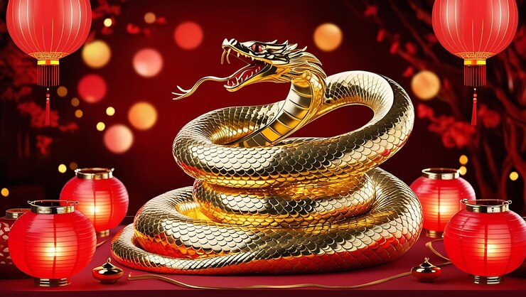 una serpiente dorada con un fondo rojo con una serpe dorada en ella