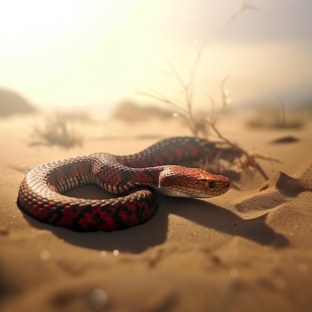 Foto serpiente dorada y roja brillante arrastrándose por un desierto