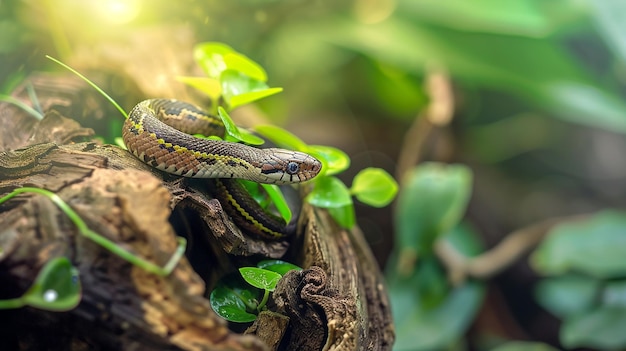 Una serpiente envuelta en una podredumbre en la selva tropical