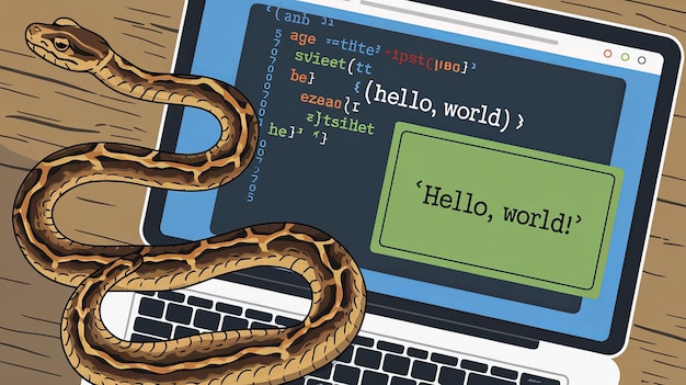 Una serpiente se envuelve alrededor de una computadora portátil que muestra código y Hello world