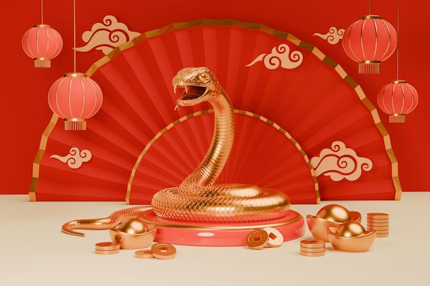 La serpiente es un símbolo del Año Nuevo Chino 2025 Ilustración en 3D de la Serpiente de Oro en un podio
