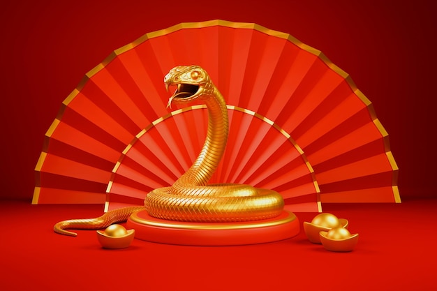 La serpiente es un símbolo del Año Nuevo Chino 2025 Ilustración en 3D de la Serpiente de Oro en un podio