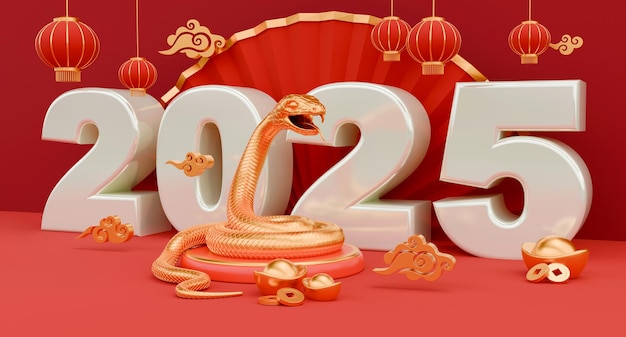 La serpiente es un símbolo del Año Nuevo Chino 2025 Ilustración 3D de la serpiente retorciéndose alrededor de 2025