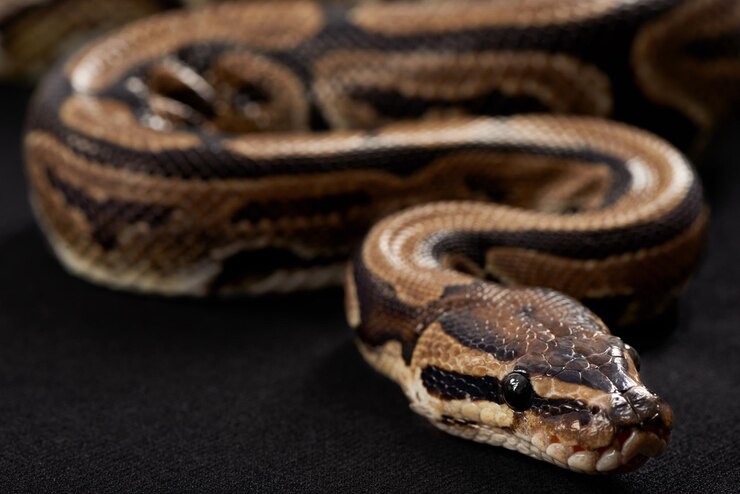 Foto serpiente y escamas de primer plano con pitón en fondo negro para la vida silvestre tropical y la conservación serpiente de maqueta y reptil para la conciencia ecológica protección del medio ambiente y cuidado de mascotas exóticas