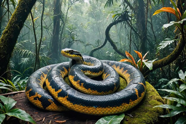 una serpiente está acostada en un tronco en la jungla