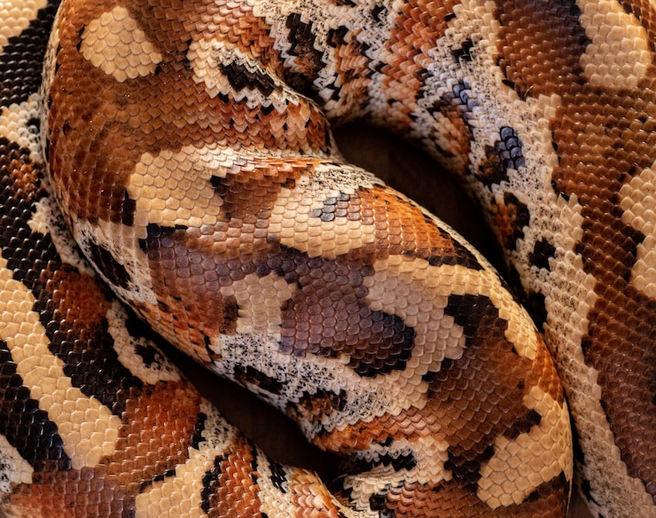 Foto una serpiente está enroscada y tiene un patrón en la piel.