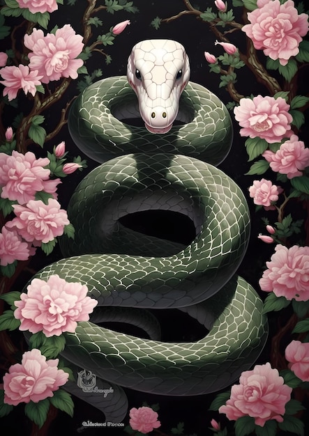 Una serpiente con flores a su alrededor