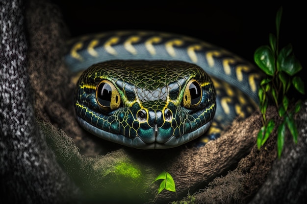 Serpiente con un fondo oscuro y la especie Boiga cynodon