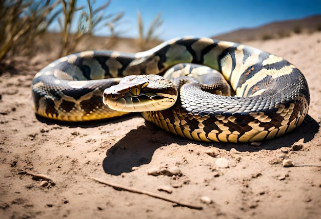 una serpiente con una franja amarilla en la cabeza está acostada en el suelo